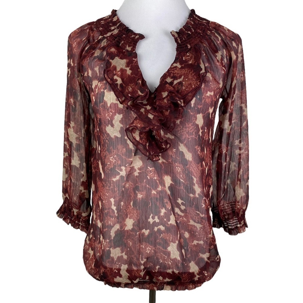 Motherhood Maternity Sheer Ruffle 3/4 Sleeve Blouse Women's Small Brown Burgundy